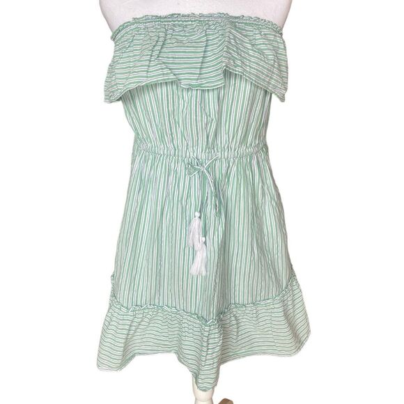 American Eagle Ruffle Top Mini Dress Green White Striped Strapless Womens Large - Picture 1 of 10